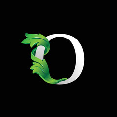 Initial letter O, 3D luxury green leaf overlapping white serif font on black background