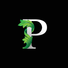 Initial letter P, 3D luxury green leaf overlapping white serif font on black background