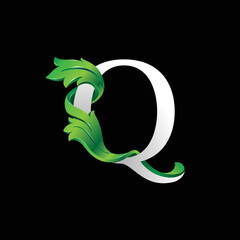 Initial letter Q, 3D luxury green leaf overlapping white serif font on black background