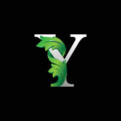 Initial letter Y, 3D luxury green leaf overlapping white serif font on black background
