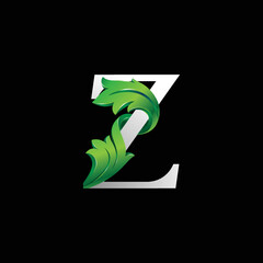 Initial letter Z, 3D luxury green leaf overlapping white serif font on black background
