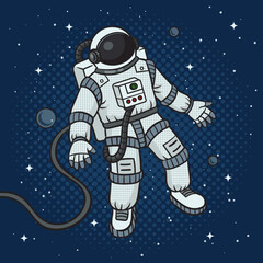 astronaut in a spacesuit in outer space pinup pop art retro vector illustration. Comic book style imitation.