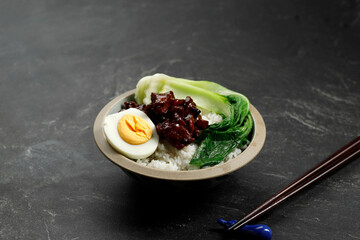 Lu Rou Fan,  Braised Pork Meat on Steamed Rice with Boiled Egg and Pak Choy.