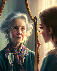 Woman looking in the mirror seeing her reflection at a different age. . generative ai, generative, ai