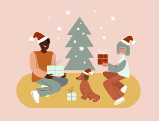 Young woman and a man give each other gifts, family couple Xmas eve. Boxing day. New year celebration, concept banner, poster modern flat vector illustration