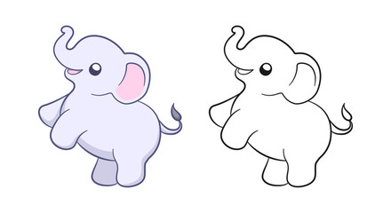 Cute baby elephant cartoon outline illustration set. Easy animal coloring book page activity for kids