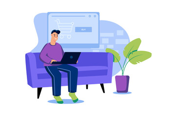 Shopping web concept in flat design. Happy man is sitting on sofa and buying goods at website store using laptop. Customer making purchases, ordering products at home and paying.