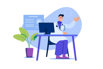 Medical clinic web concept in flat design. Doctor waits for patients visit in office. Therapist provides medical services, diagnoses diseases, checkup and prescribes treatment.