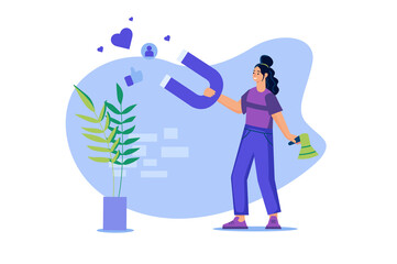 Marketing web concept in flat design. Happy woman holds huge magnet and attracts new customers, collects likes and comments on social media posts, advertises and promotes business.