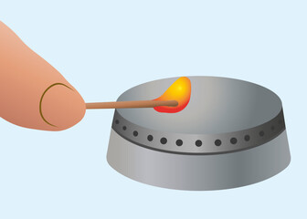 Lighting a gas burner with a match.