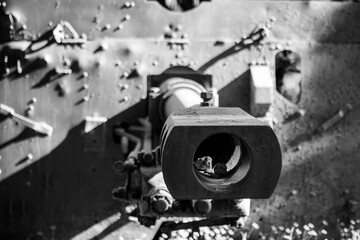 View from the gun end of the tank vehicle. tank cannon. 