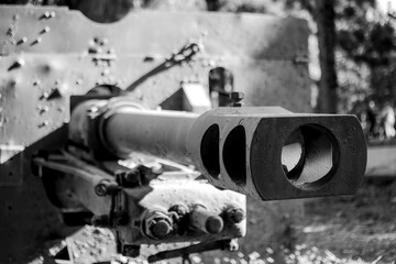 View from the gun end of the tank vehicle. tank cannon. 