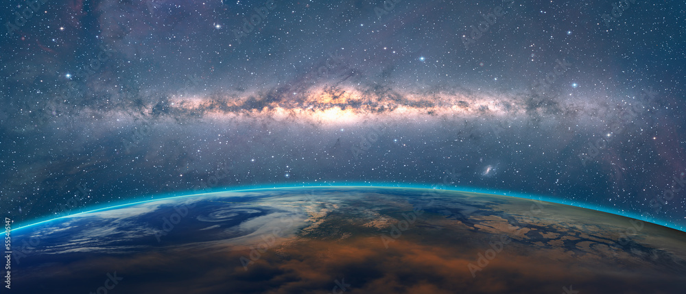 Poster planet earth in front of the milky way galaxy 