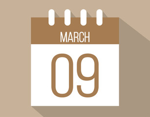 9 March calendar page. Vector icon of calendar page for March days. Brown color with shadow effect