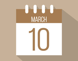 10 March calendar page. Vector icon of calendar page for March days. Brown color with shadow effect