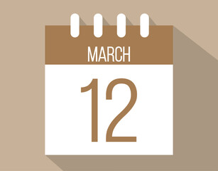 12 March calendar page. Vector icon of calendar page for March days. Brown color with shadow effect