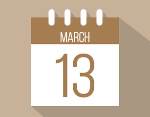 13 March calendar page. Vector icon of calendar page for March days. Brown color with shadow effect