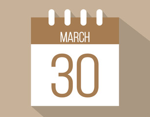 30 March calendar page. Vector icon of calendar page for March days. Brown color with shadow effect