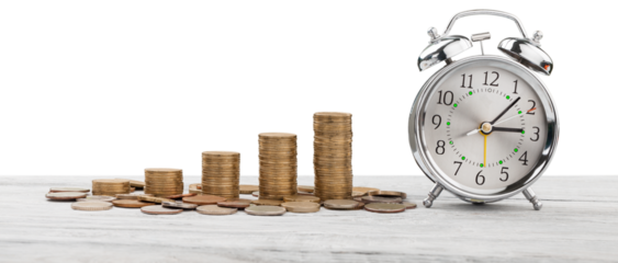 Stack golden coins with alarm clock, Save  time money concept