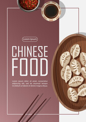 Vector template poster design with Chinese food dumplings and copy-space isolated on white and pink. Banner, flyer, card, restaurant menu, promotion concept.