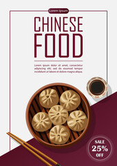 Vector template poster design with Chinese food Dim Sum Baozi and copy-space isolated on white and dark red. Banner, flyer, card, restaurant menu, promotion concept.