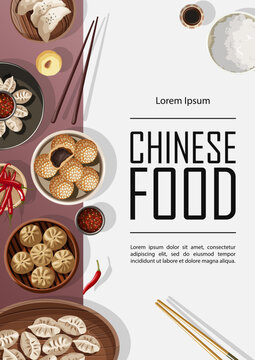 Vector template poster design with Chinese food and copy-space isolated on white and pink. Banner, flyer, card, restaurant menu, promotion concept.