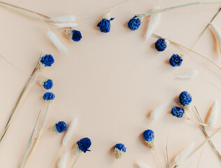 Dry floral blue and beige branch frame on beige background
