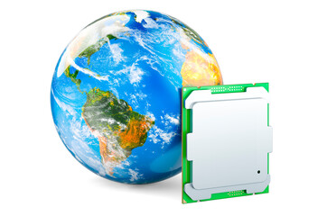 CPU with Earth Globe, 3D rendering