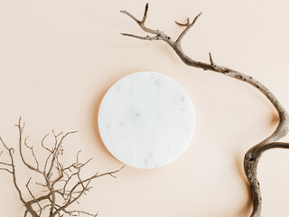 White marble round podium and abstract brunches of tree on beige background
