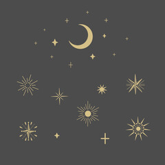 Gold Moon and Stars on the dark Background. Vector Illustration.
