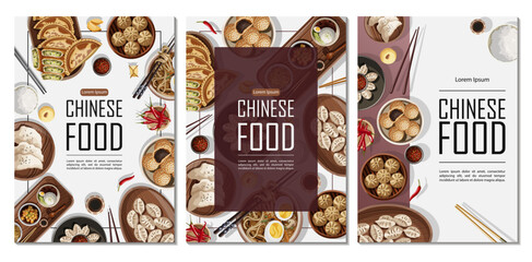 Set of templates posters design for restaurant, banner, card, flyer, menu, brochure. Vector illustration of Chinese food and copy-space on vertical A4 posters.