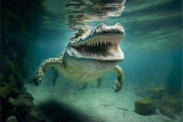 Happy crocodile underwater, Generative AI - obrazy, fototapety, plakaty