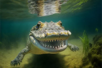 Fototapeten Happy crocodile underwater, Generative AI © Pixelkingdom