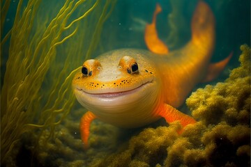 Happy newt underwater, Generative AI - obrazy, fototapety, plakaty