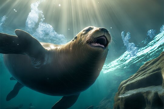 Happy sea lion underwater, Generative AI