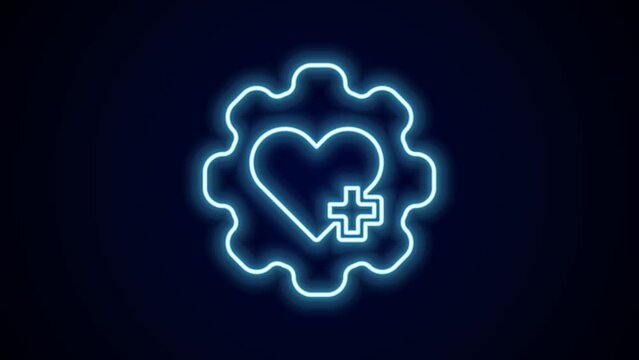 Glowing neon line Heart with a cross icon isolated on black background. First aid. Healthcare, medical and pharmacy sign. 4K Video motion graphic animation