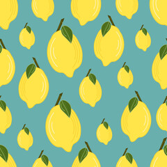 seamless vector pattern drawings of lemons on a blue isolated background, flat. Background, symbol, wrapping, gifts, holiday, greeting card, decoration.