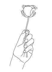 stylized hand holding a flower in one line drawing.  beautiful minimalist, vector illustration