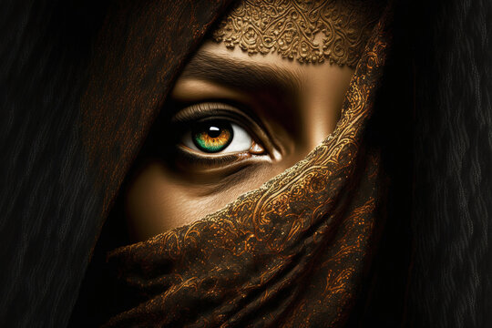 Expressive eyes of an oriental woman in a headscarf. Islamic girl with beautiful eyes close-up. 3d illustration