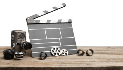 Vintage classic clapperboard and lenses and videotape