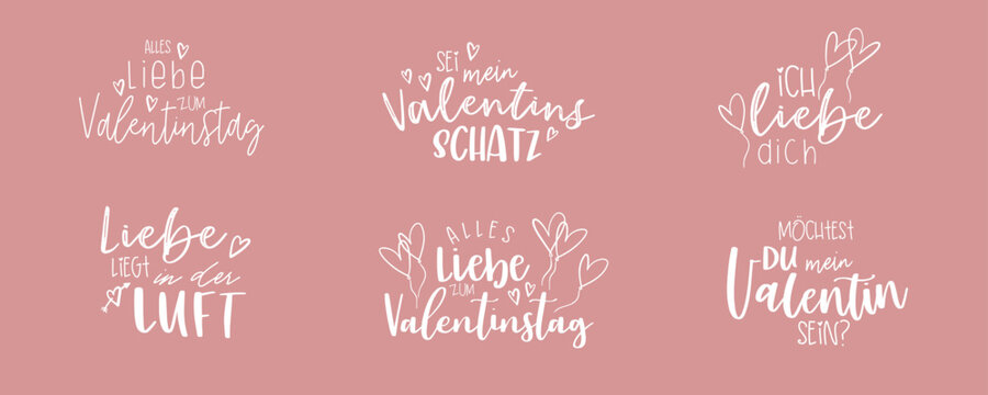 Valentines day german language lettering, various sayings like "Be my Valentines" or "Happy Valentine's Day", lovely handwriting, great for cards, gift tags