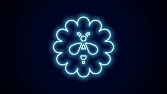 Glowing neon line Bee on flower icon isolated on black background. Sweet natural food. Honeybee or apis with wings symbol. Flying insect. 4K Video motion graphic animation