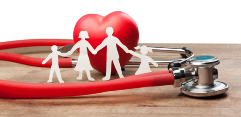 Family paper silhouette and stethoscope on wooden desk