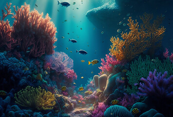 Fototapeta na wymiar fish swimming underwater in a coral reef with the sun shining through the water created with generative ai technology