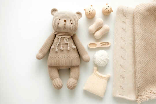 Beige Flat Bear Cub On White Background Cute Kids Knitted Toys