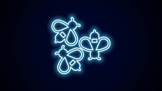 Glowing neon line Bees icon isolated on black background. Sweet natural food. Honeybee or apis with wings symbol. Flying insect. 4K Video motion graphic animation