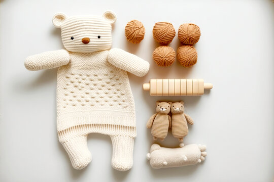 Beige Flat Bear Cub On White Background Cute Kids Knitted Toys