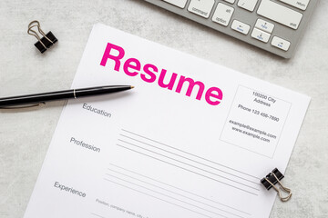 Close up of Resume application form on office table
