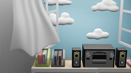 3D, room, radio, Folders with documents, tv