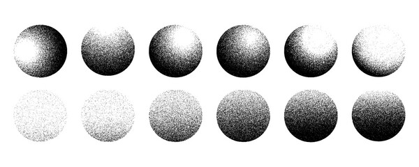Dotwork noise gradient circles. Sand grain effect. Black noise stipple dots patterns. Abstract grunge dotwork gradients. Black grain dots elements. Halftone circles. Dotted vector set